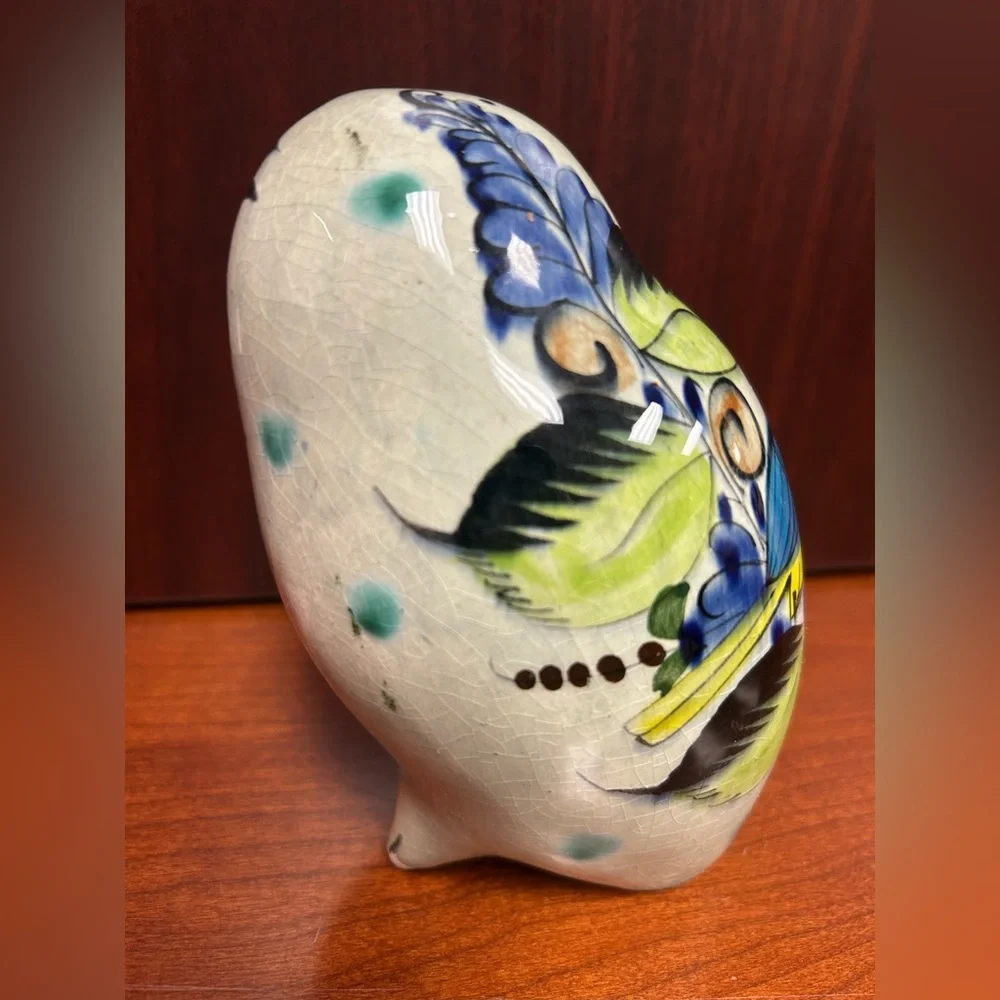 VINTAGE TONALA MEXICAN HAND PAINTED CERAMIC FAT OWL - SIGNED FIGURINE
